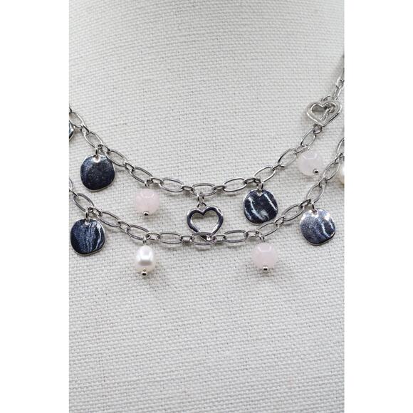 Vantel Silver Chain Pearl Quartz Daydreams Double Strand Charm Necklace - Picture 4 of 7